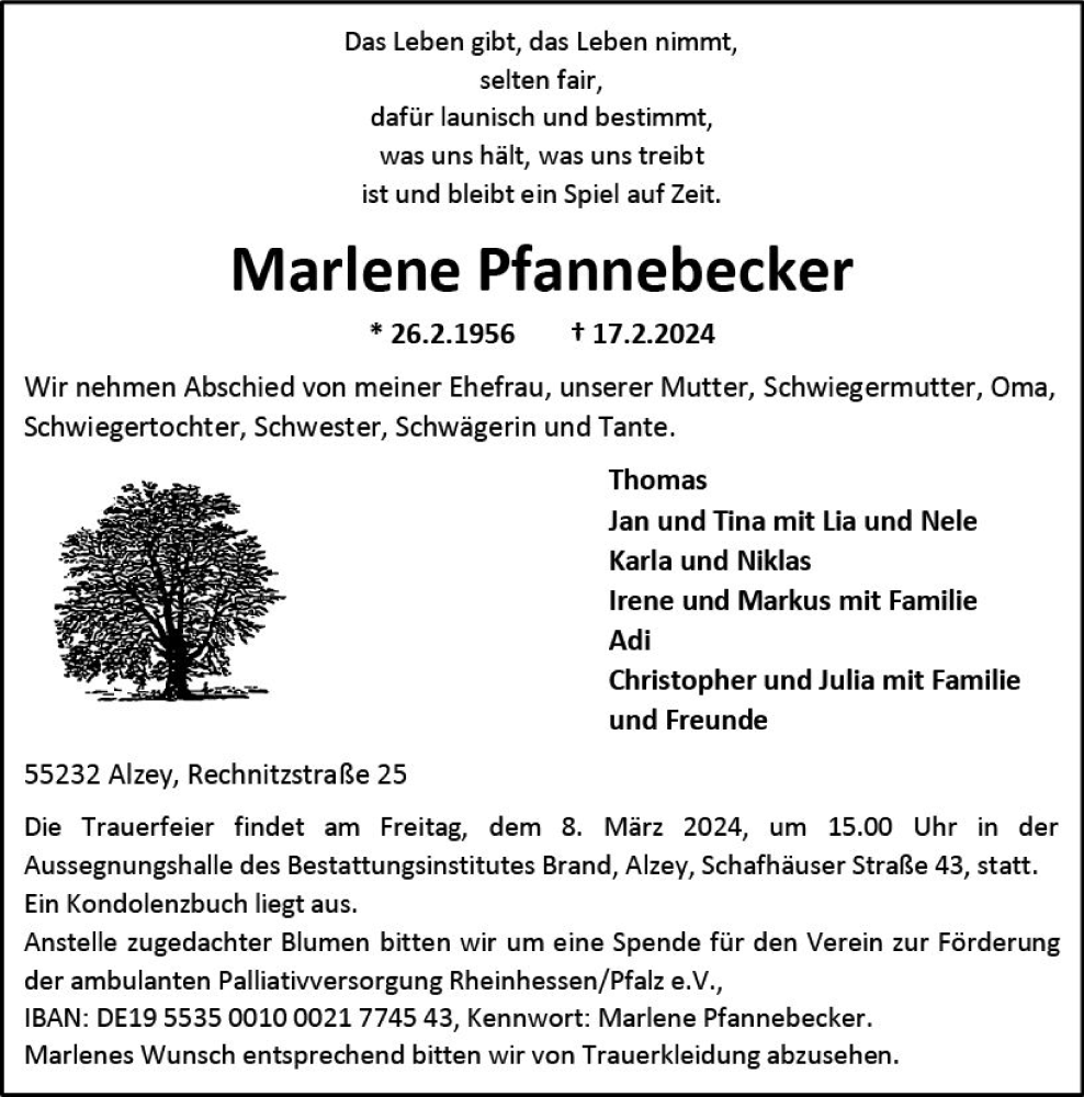  Traueranzeige für Marlene Pfannebecker vom 24.02.2024 aus Allgemeine Zeitung Alzey