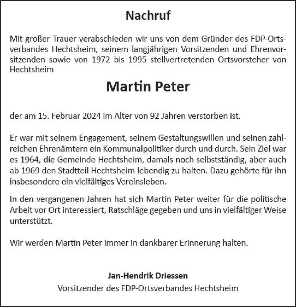  Traueranzeige für Martin Peter vom 24.02.2024 aus Allgemeine Zeitung Mainz