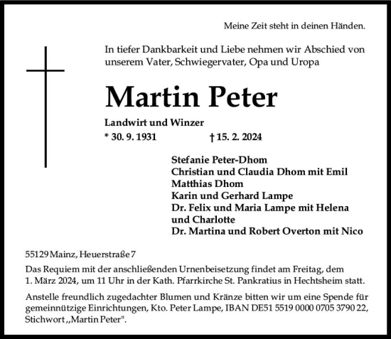 Traueranzeige von Martin Peter von Allgemeine Zeitung Mainz