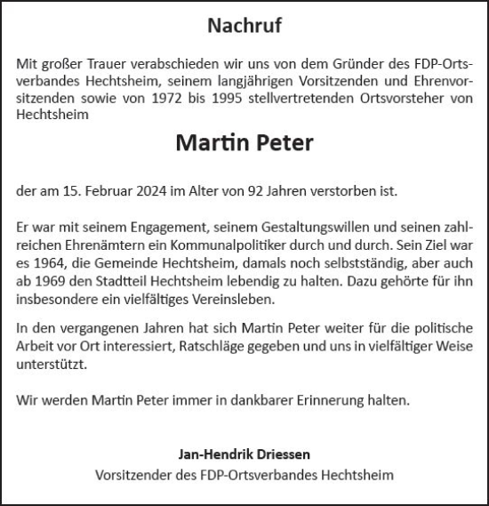 Traueranzeige von Martin Peter von Allgemeine Zeitung Mainz