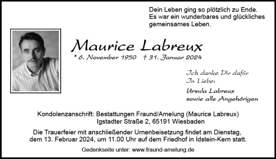 Traueranzeige von Maurice Labreux von Wiesbadener Kurier