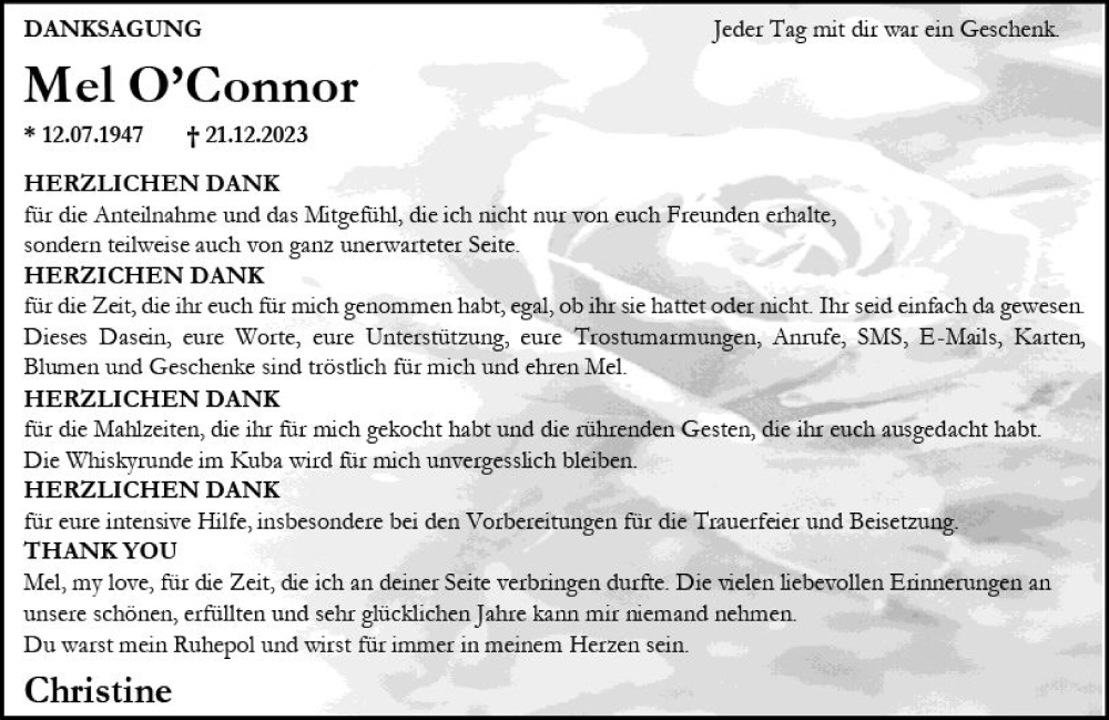  Traueranzeige für Mel OConnor vom 03.02.2024 aus Allgemeine Zeitung Alzey