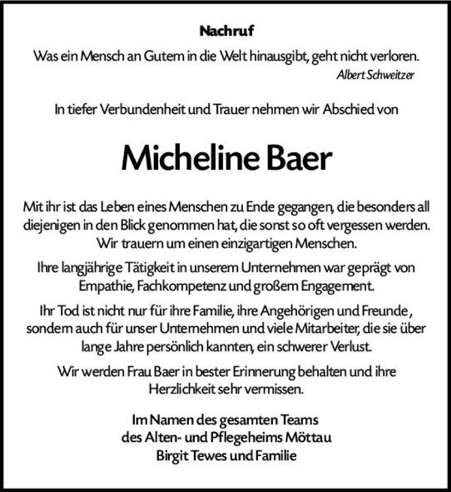  Traueranzeige für Micheline Baer vom 10.02.2024 aus Weilburger Tageblatt