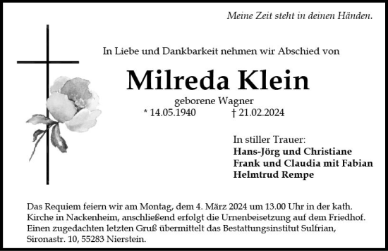 Traueranzeige von Milreda Klein von Allgemeine Zeitung Mainz