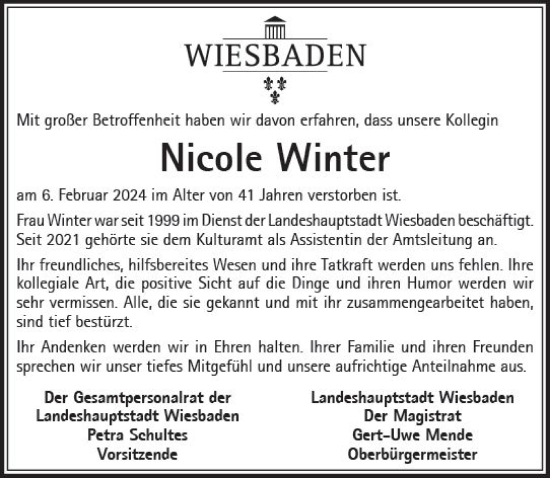 Traueranzeige von Nicole Winter von Wiesbadener Kurier