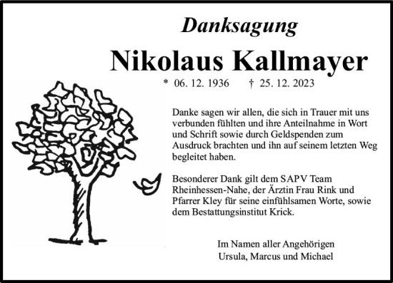 Traueranzeige von Nikolaus Kallmayer von Allgemeine Zeitung Bingen/Ingelheim