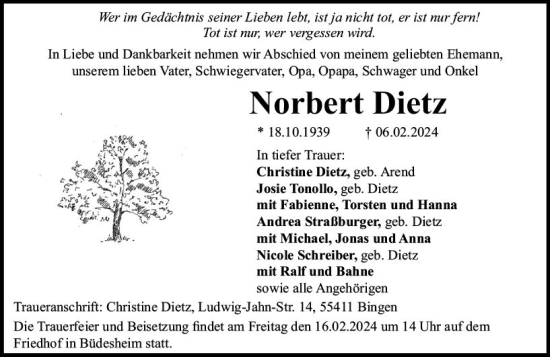 Traueranzeige von Norbert Dietz von Allgemeine Zeitung Bingen/Ingelheim