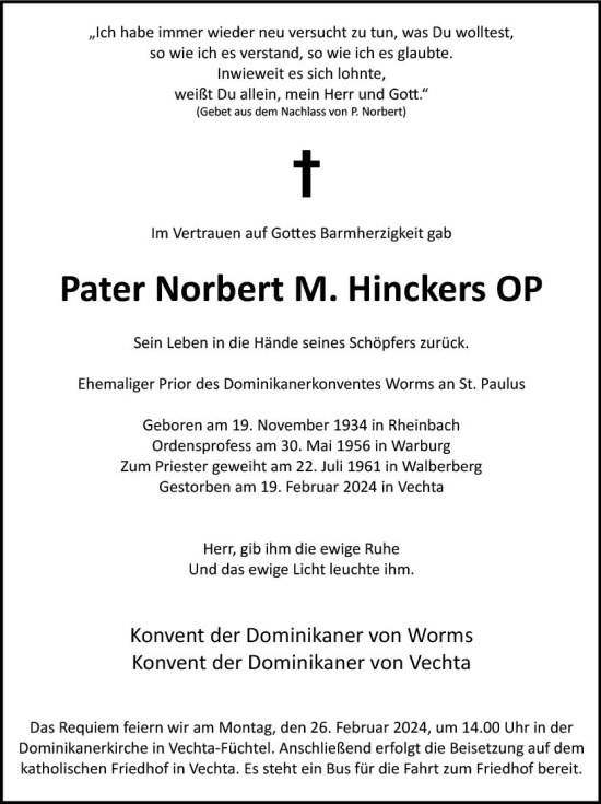 Traueranzeige von Norbert M. Hinckers von Wormser Zeitung