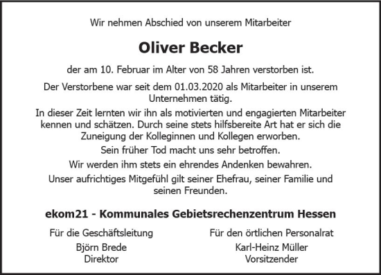 Traueranzeige von Oliver Becker von Groß-Gerauer Echo