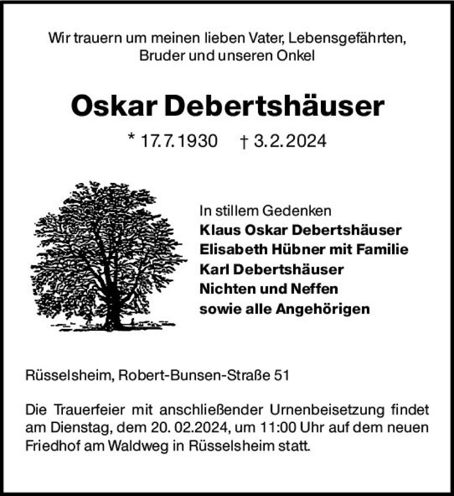  Traueranzeige für Oskar Debertshäuser vom 10.02.2024 aus Rüsselsheimer Echo