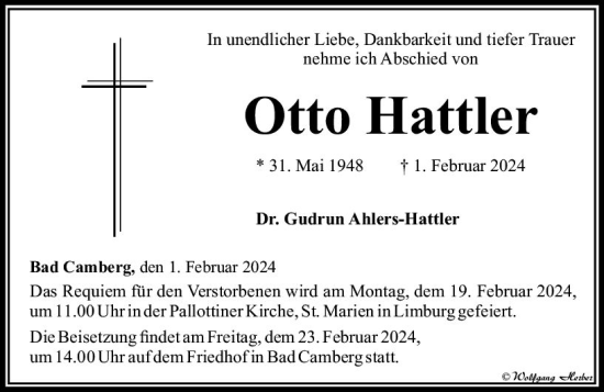 Traueranzeige von Otto Hattler von Camberger Anzeiger