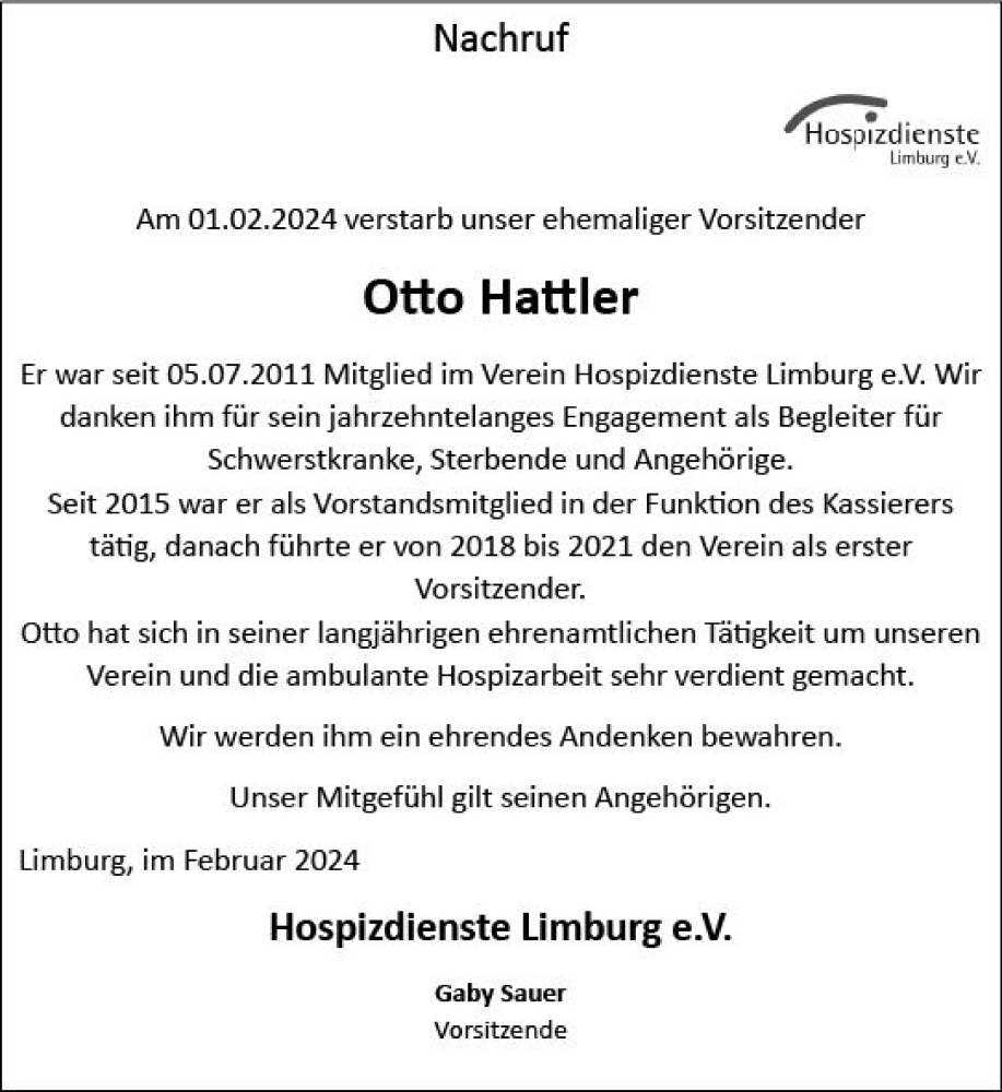  Traueranzeige für Otto Hattler vom 17.02.2024 aus Nassauische Neue Presse
