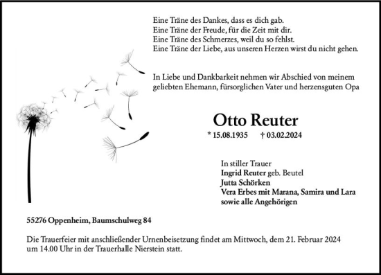 Traueranzeige von Otto Reuter von Allgemeine Zeitung Mainz