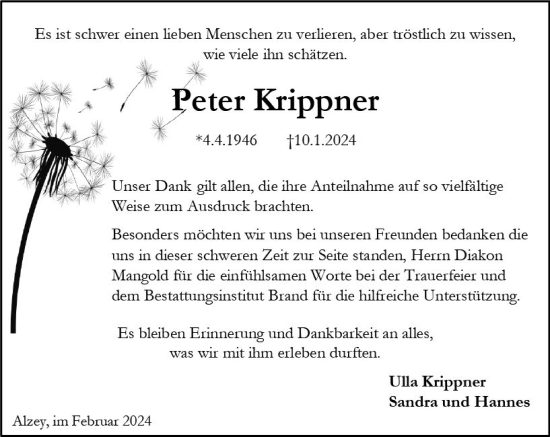 Traueranzeige von Peter Krippner von Allgemeine Zeitung Alzey