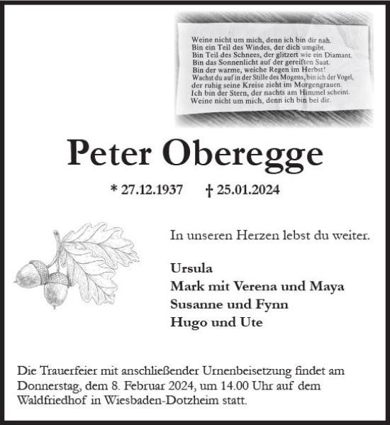 Traueranzeige von Peter Oberegge von Wiesbadener Kurier