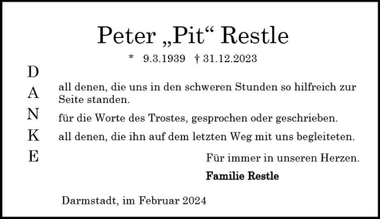 Traueranzeige von Peter  Restle von Darmstädter Echo