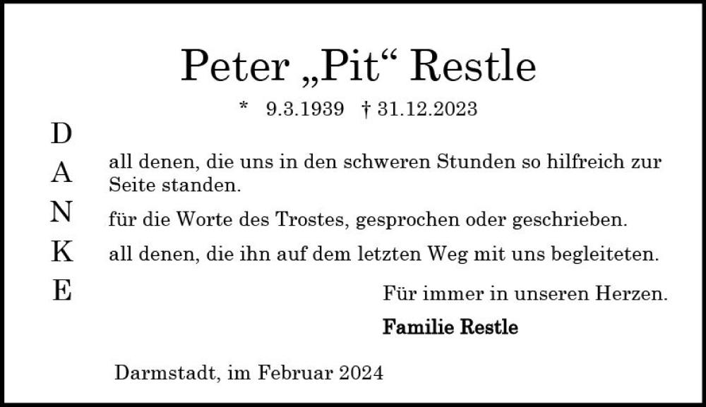  Traueranzeige für Peter  Restle vom 03.02.2024 aus Darmstädter Echo