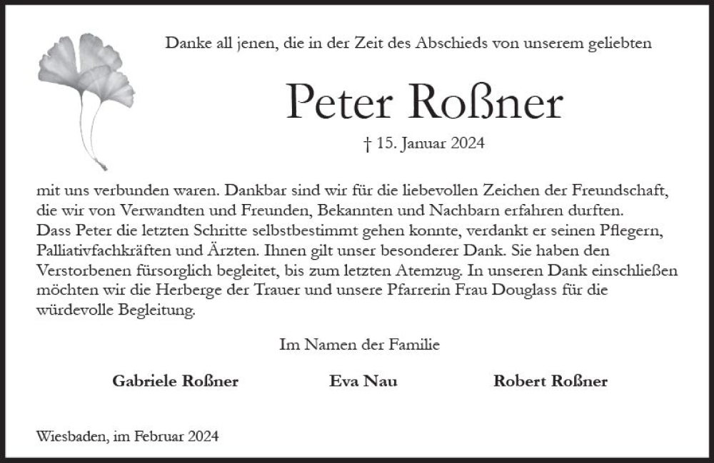  Traueranzeige für Peter Roßner vom 17.02.2024 aus Wiesbadener Kurier
