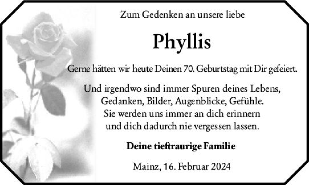  Traueranzeige für Phyllis  vom 17.02.2024 aus Allgemeine Zeitung Mainz