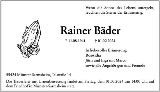 Traueranzeige von Rainer Bäder von Allgemeine Zeitung Bingen/Ingelheim
