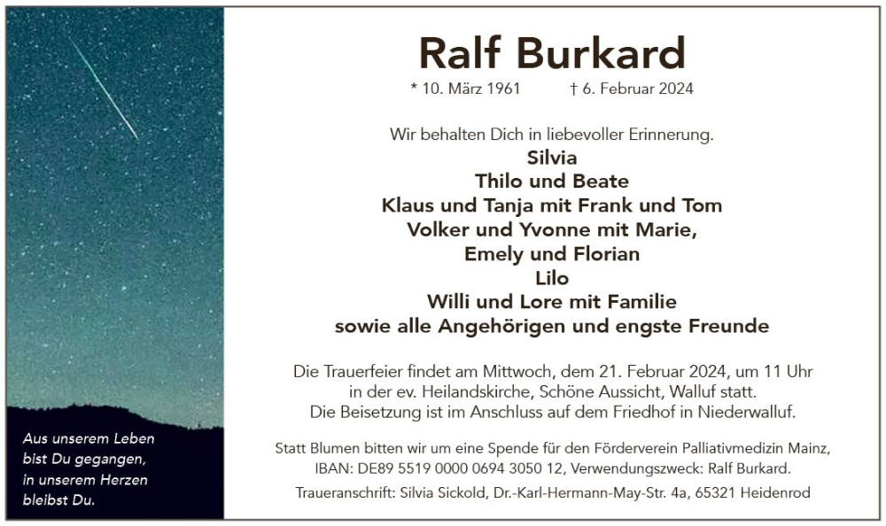  Traueranzeige für Ralf Burkard vom 17.02.2024 aus Wiesbadener Kurier