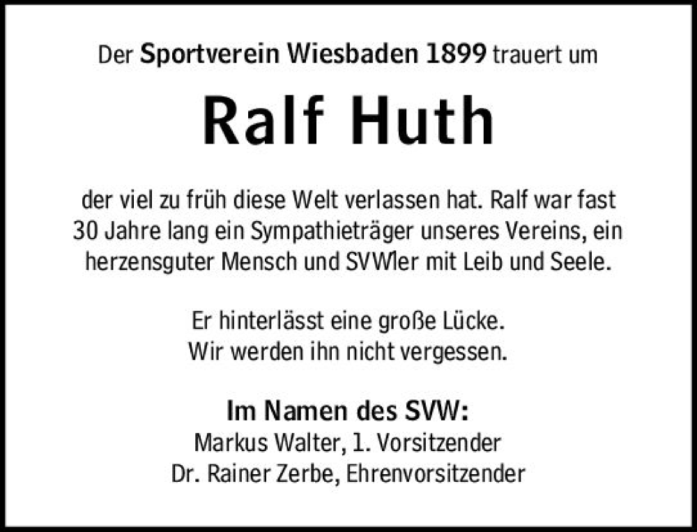  Traueranzeige für Ralf Huth vom 24.02.2024 aus Wiesbadener Kurier