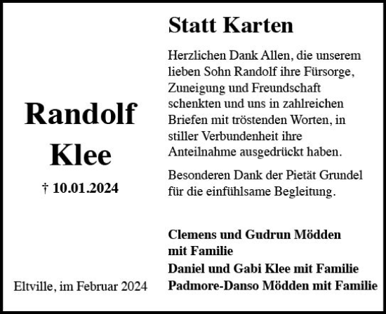 Traueranzeige von Randolf Klee von Rheingau Kurier