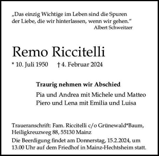 Traueranzeige von Remo Riccitelli von Allgemeine Zeitung Mainz