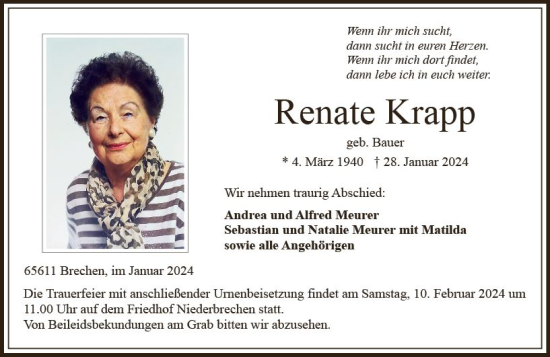 Traueranzeige von Renate Krapp von Camberger Anzeiger