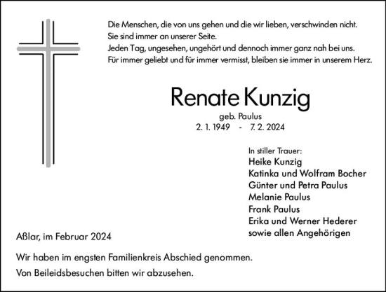 Traueranzeige von Renate Kunzig von Wetzlarer Neue Zeitung