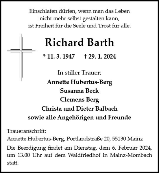 Traueranzeige von Richard Barth von Allgemeine Zeitung Mainz