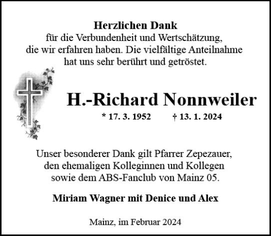 Traueranzeige von Richard Nonnweiler von Allgemeine Zeitung Mainz