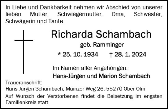 Traueranzeige von Richarda Schambach von Allgemeine Zeitung Mainz