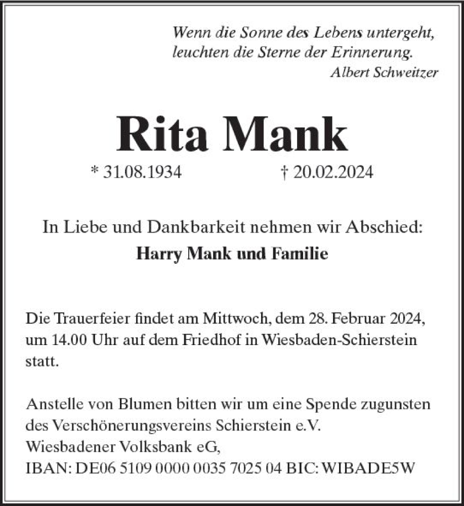  Traueranzeige für Rita Mank vom 24.02.2024 aus Wiesbadener Kurier