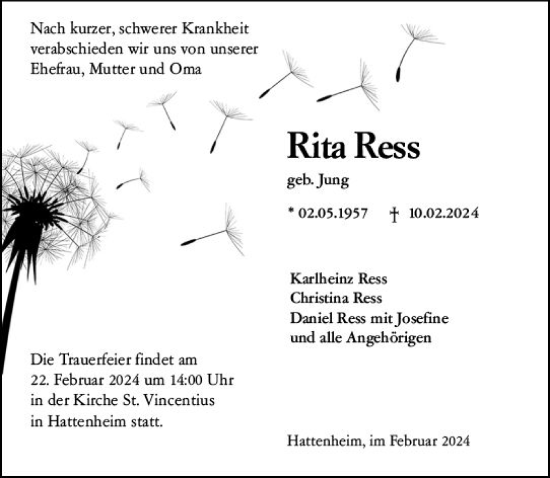 Traueranzeige von Rita Ress von Rheingau Kurier