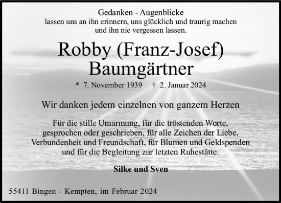 Traueranzeige von Robby  Baumgärtner von Allgemeine Zeitung Bingen/Ingelheim