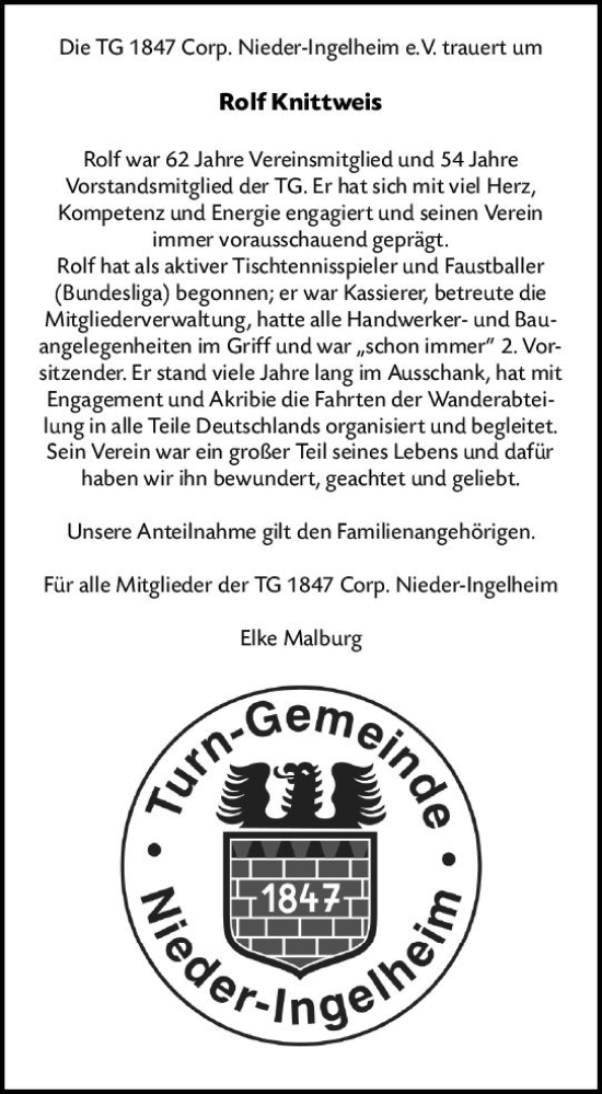 Traueranzeige von Rolf Knittweis von Allgemeine Zeitung Bingen/Ingelheim