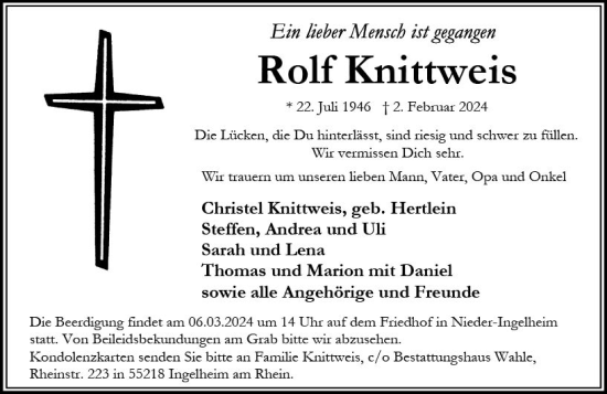 Traueranzeige von Rolf Knittweis von Allgemeine Zeitung Bingen/Ingelheim