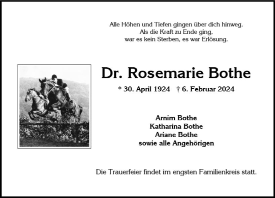 Traueranzeige von Rosemarie Bothe von Wiesbadener Kurier
