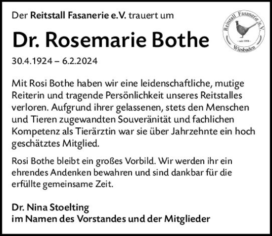 Traueranzeige von Rosemarie Bothe von Wiesbadener Kurier