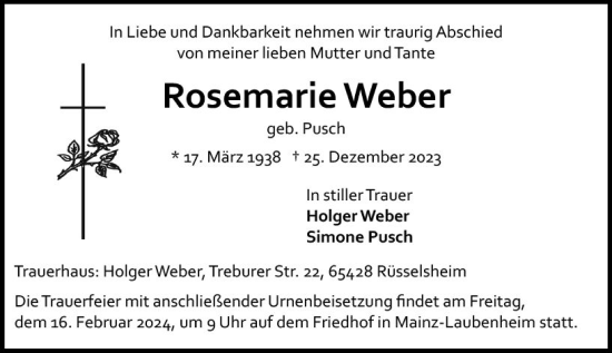 Traueranzeige von Rosemarie Weber von Allgemeine Zeitung Mainz