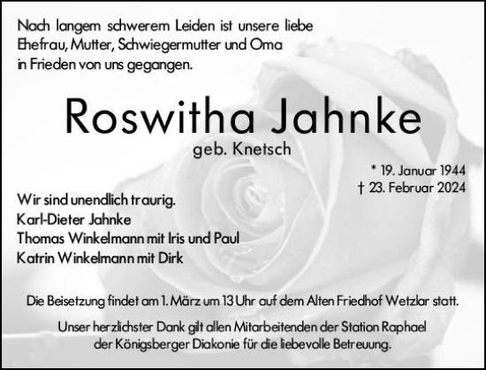 Traueranzeige von Roswitha Jahnke von Wetzlarer Neue Zeitung