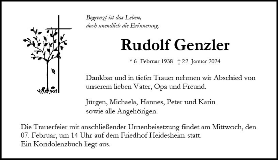 Traueranzeige von Rudolf Genzler von Allgemeine Zeitung Bingen/Ingelheim