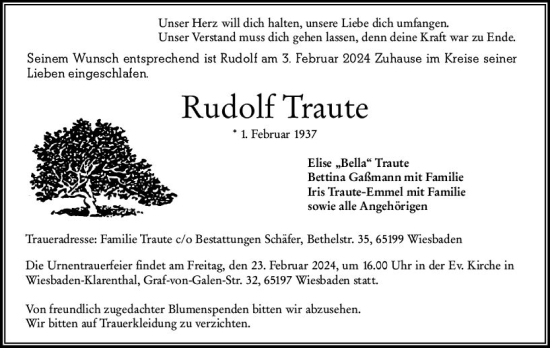 Traueranzeige von Rudolf Traute von Wiesbadener Kurier