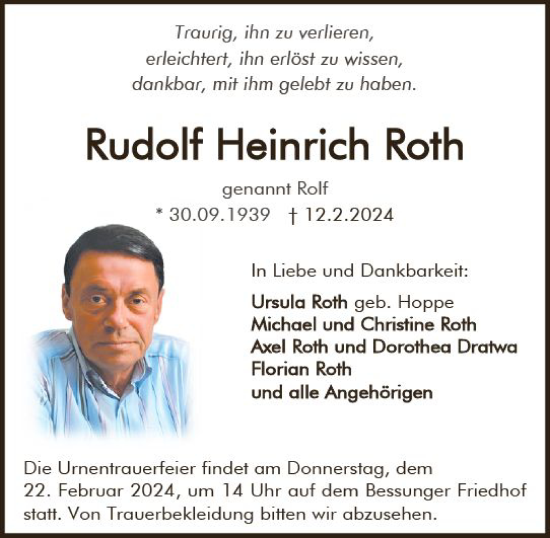 Traueranzeige von Rudolf Heinrich Roth von Darmstädter Echo