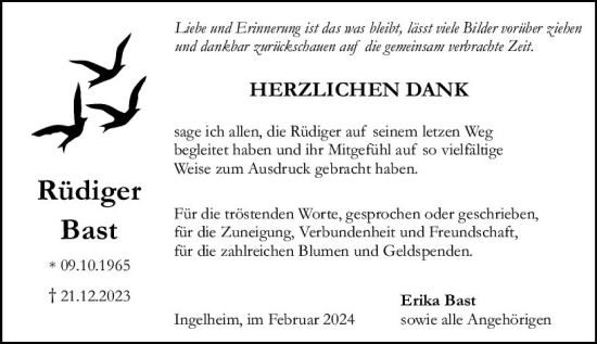 Traueranzeige von Rüdiger Bast von Allgemeine Zeitung Bingen/Ingelheim