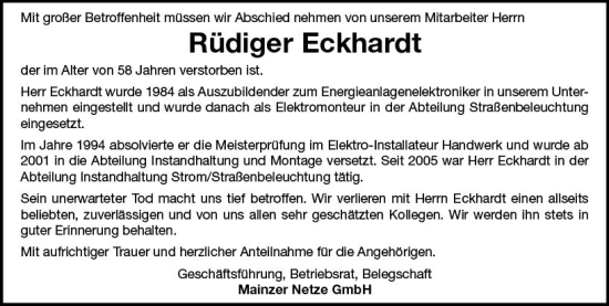 Traueranzeige von Rüdiger Eckhardt von Allgemeine Zeitung Mainz