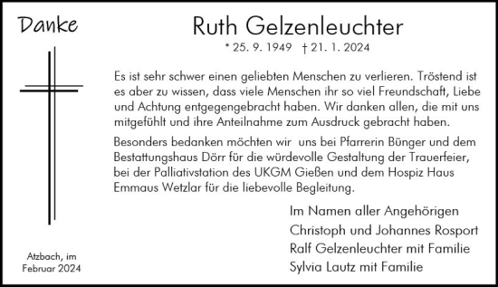 Traueranzeige von Ruth Gelzenleuchter von Wetzlarer Neue Zeitung