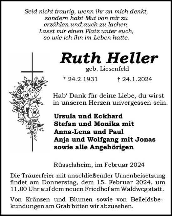 Traueranzeige von Ruth Heller von Rüsselsheimer Echo