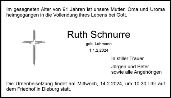 Traueranzeige von Ruth Schnurre von Dieburger Anzeiger/Groß-Zimmerner Lokal-Anzeiger
